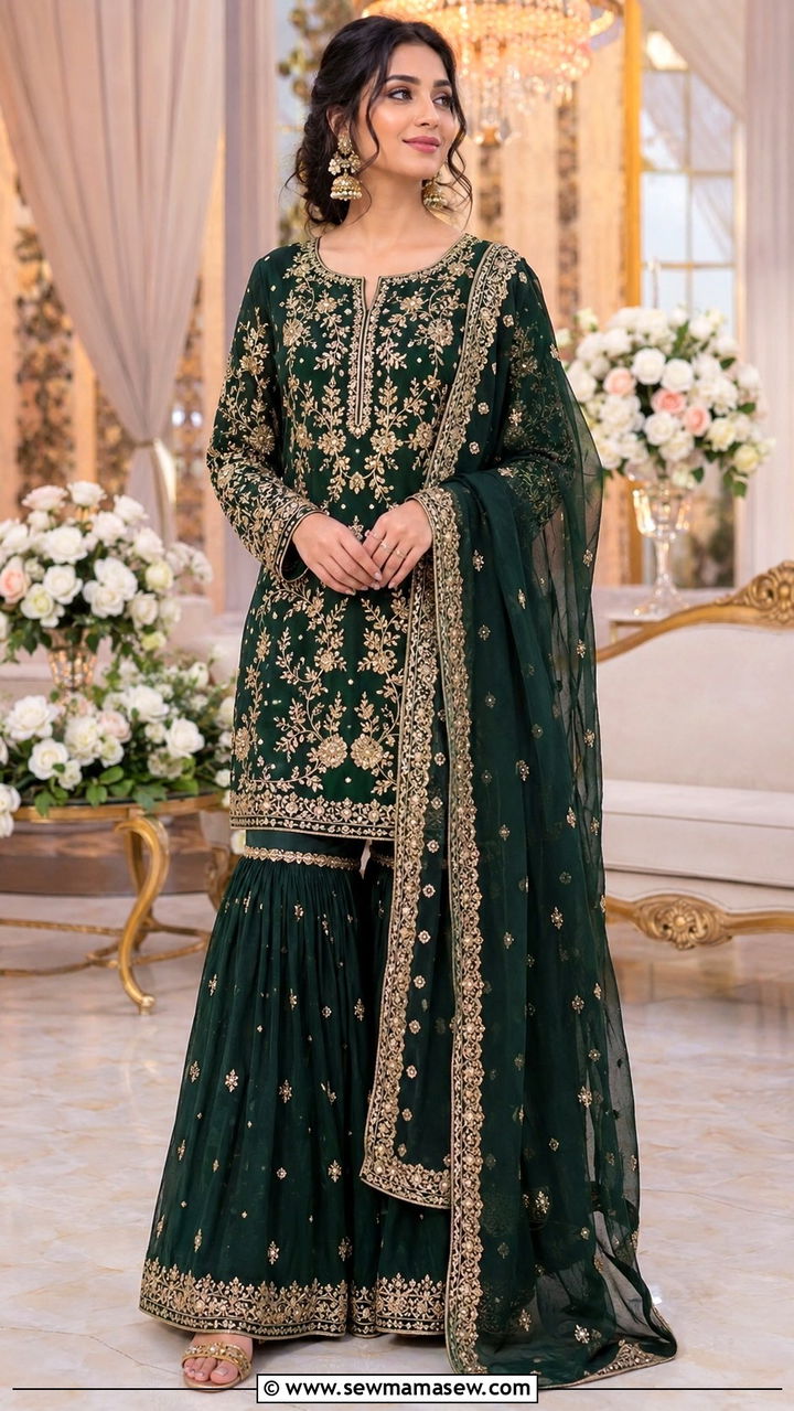 Gharara set with long embroidered shirt for Walima - 25 Wedding guest outfit ideas Walima ceremony