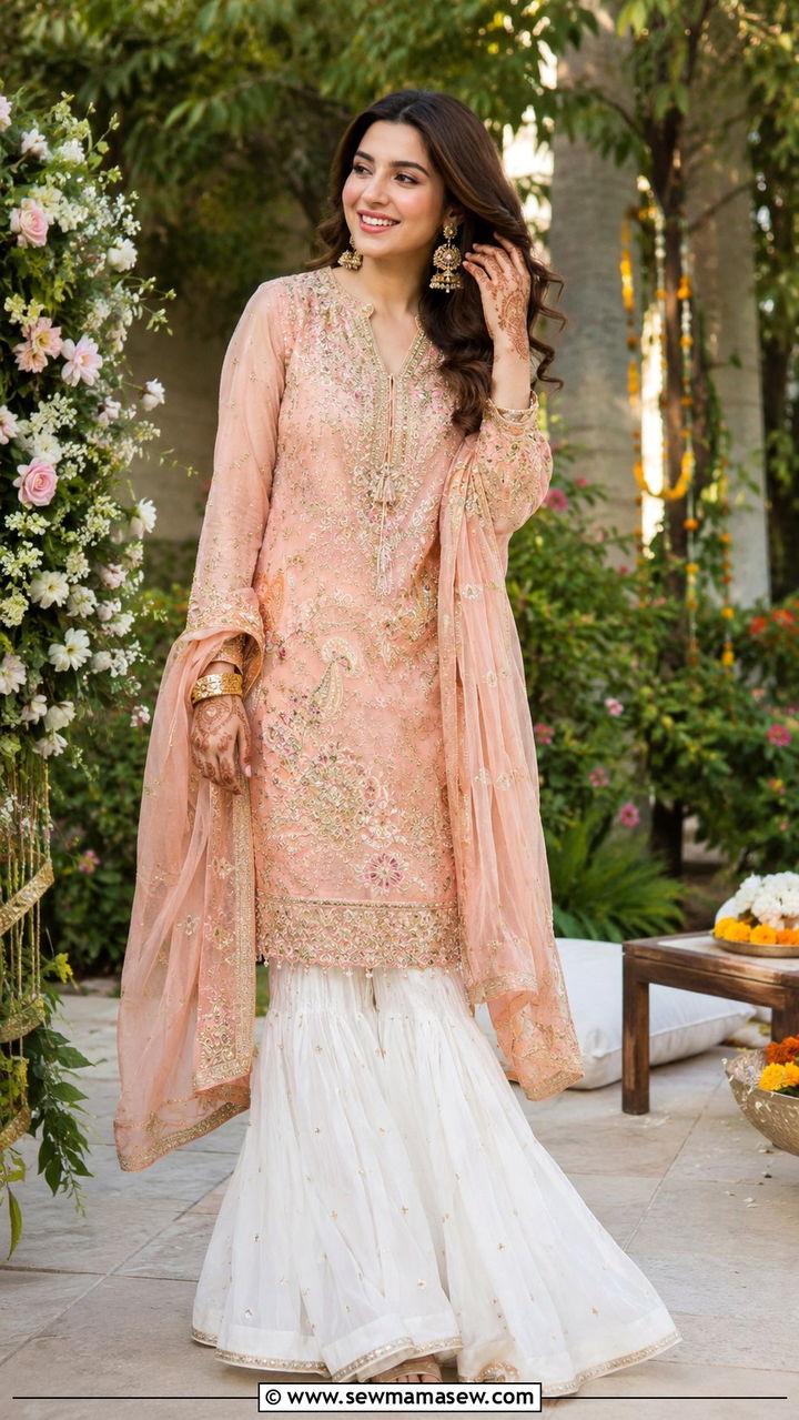 Gharara suit with embroidered kurta - 20 Modest outfit ideas for India