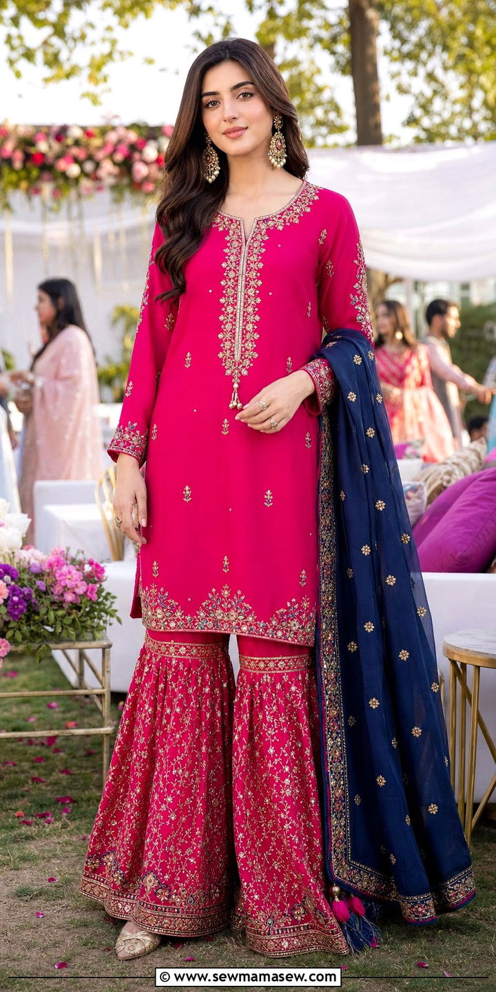 Gharara with Short Kurti for Young Women - 25 Eid outfit ideas Pakistani
