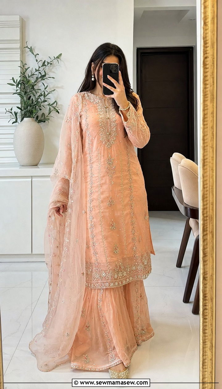 Gharara with embroidered kurta and organza dupatta - 25 Eid al Adha outfit ideas 2026