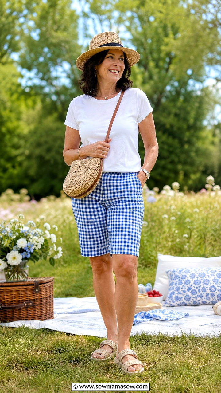 Gingham Bermuda Shorts With a Solid White Tee - 25 bermuda shorts outfits for women over 40