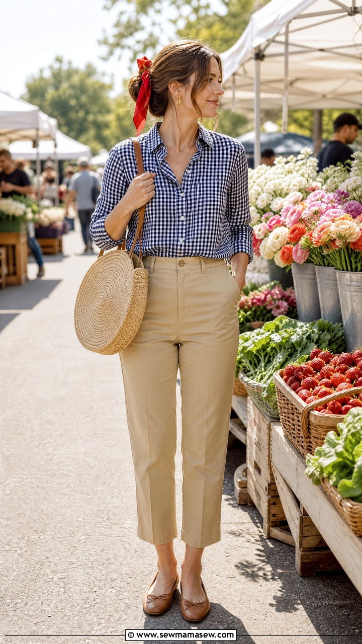Gingham Button Down Shirt And Cropped Khakis Outfit - 30 Coastal grandmother spring outfits