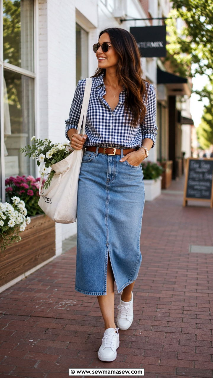 Gingham Button Down With Denim Midi Skirt - 30 Midi skirt outfit ideas with a button down
