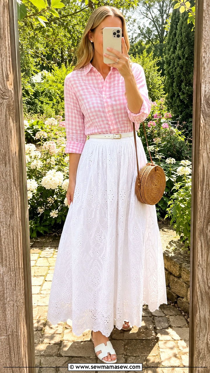 Gingham Button Down With White Eyelet Maxi Skirt - 30 Maxi skirt outfit ideas with a button down