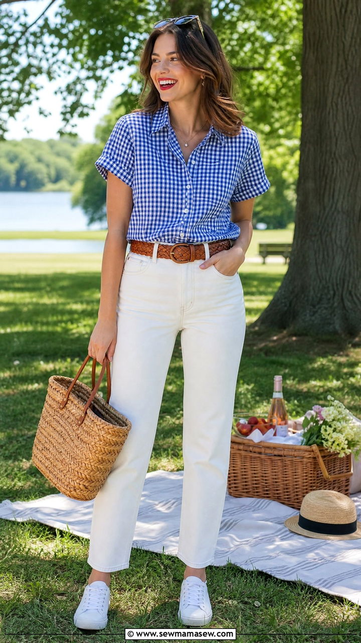 Gingham Button Down With White Jeans Summer Outfit - 30 Summer outfits with button down