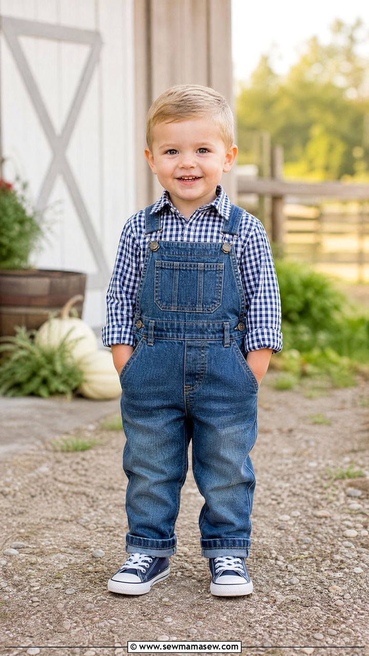 Gingham Button Up With Denim Overalls - 25 Kid outfit ideas for school picture day
