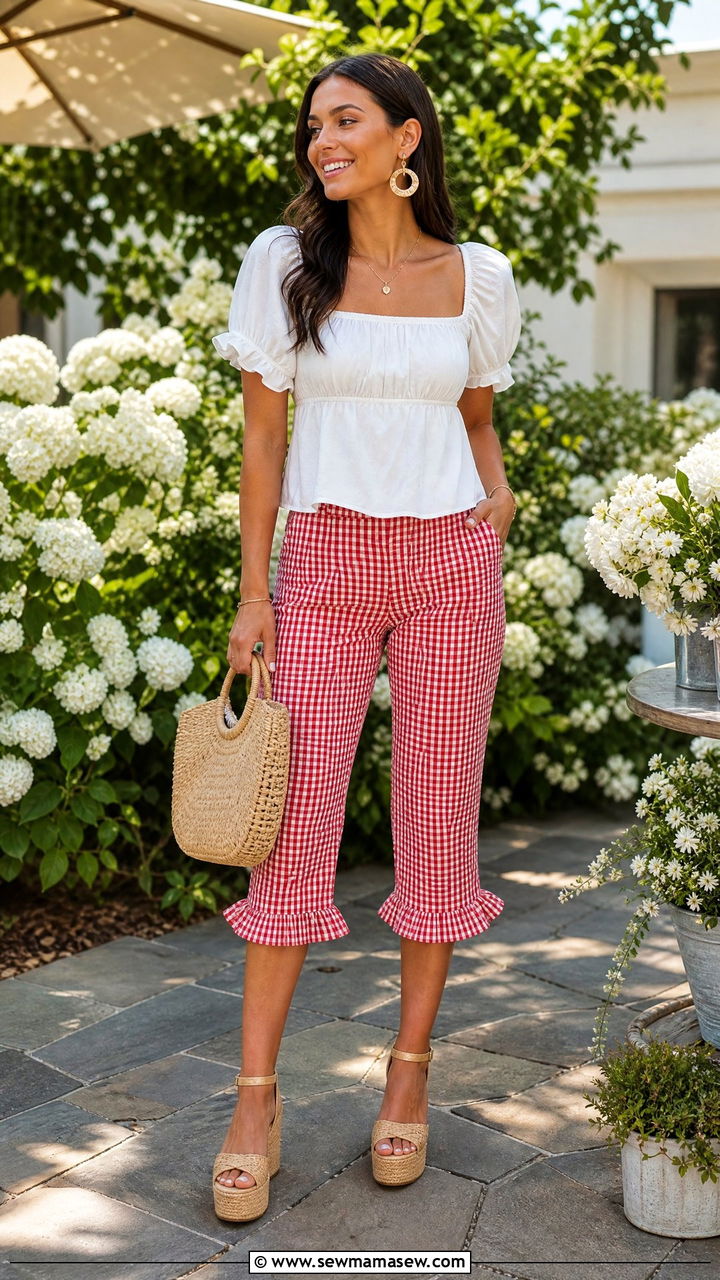 Gingham Capri Pants With Puff Sleeve Blouse And Raffia Platforms - 25 Capri outfit ideas