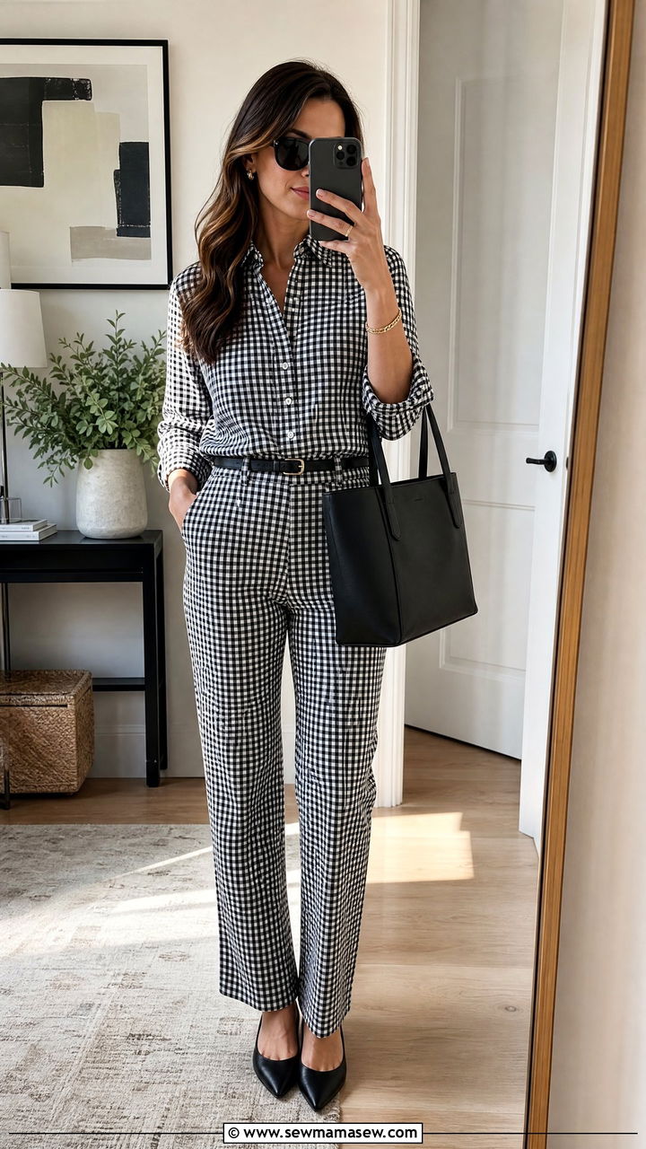 Gingham Check Top and Matching Trousers Set - 30 Matching set outfit ideas for work