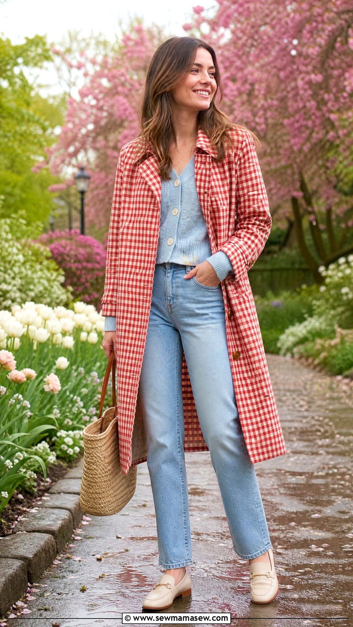 Gingham Coat and Light Wash Denim Spring Rain Outfit - 25 Spring rain outfit ideas