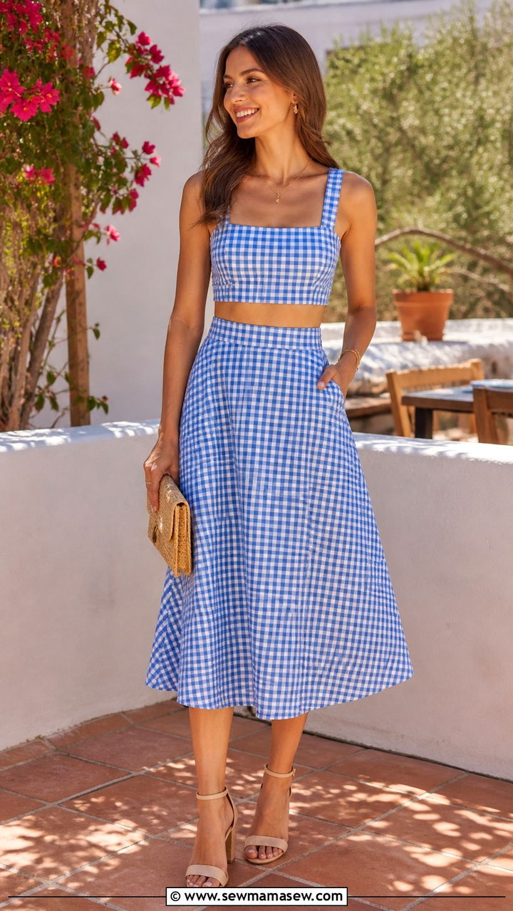 Gingham Crop Top And Midi Skirt Matching Set - 40 Matching set outfit ideas printed