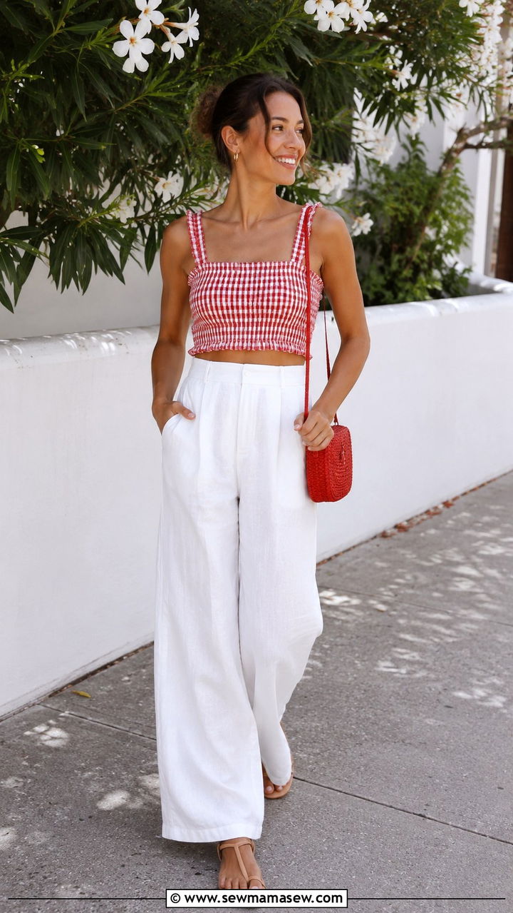 Gingham Crop Top With White Linen Trousers - 30 Tomato girl summer outfits