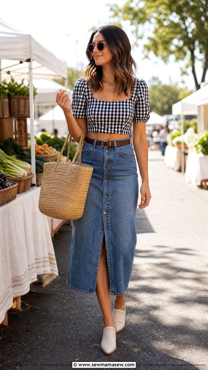 Gingham Crop Top and Denim Midi Skirt Outfit - 30 summer western outfit ideas