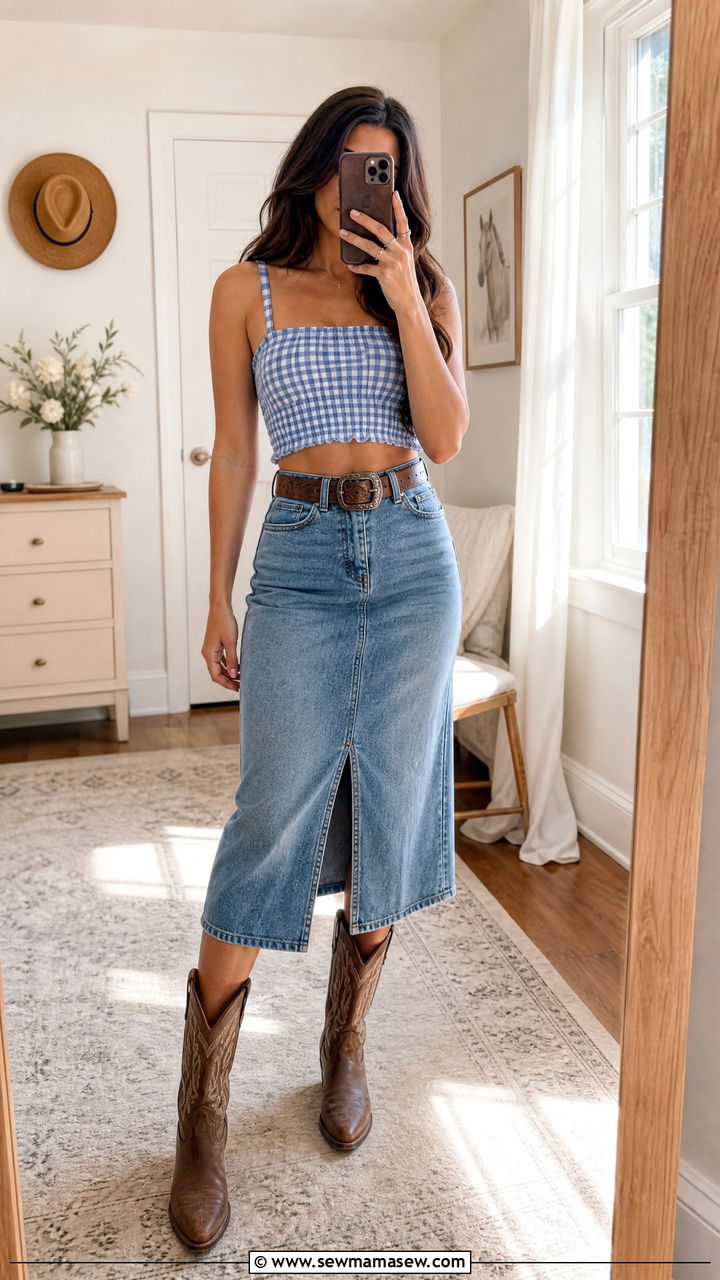 Gingham Crop Top and Denim Skirt Outfit - 30 Country summer outfits