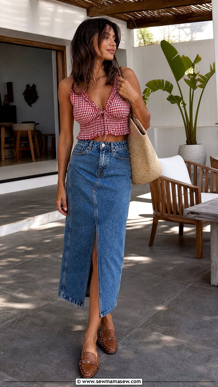 Gingham Crop Top with Denim Midi Skirt and Western Mules - 40 Western outfit ideas