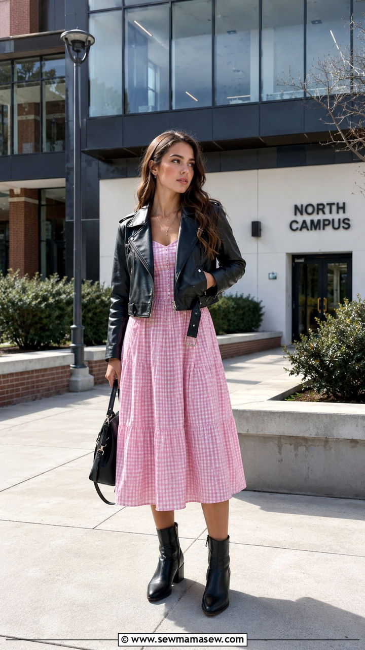 Gingham Dress Leather Jacket Boots - 30 Preppy school outfits