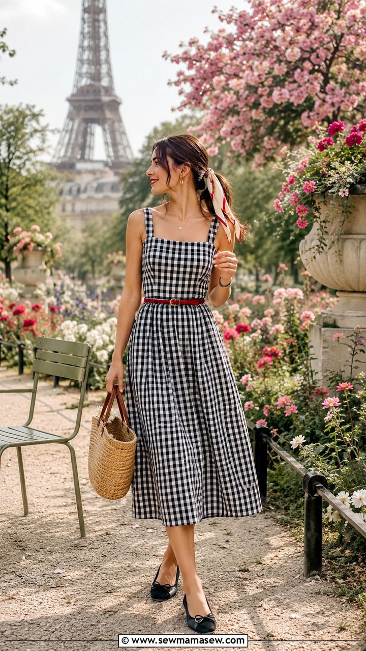 Gingham Dress With Basket Bag And Ballet Flats - 30 Paris outfits inspo