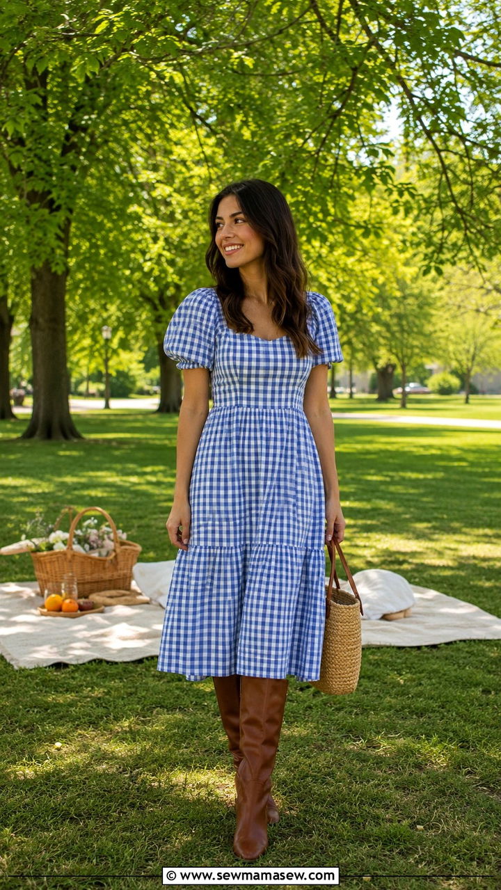 Gingham Dress With Brown Knee High Boots - 30 Spring outfits with boots