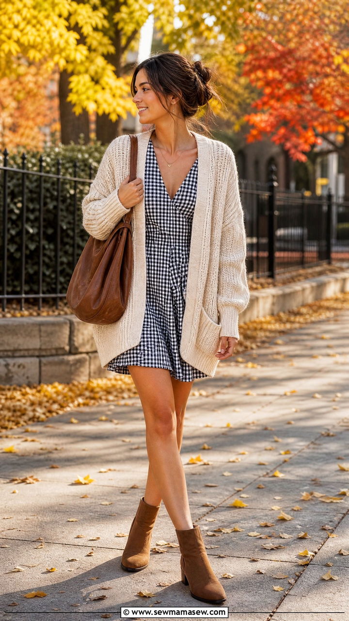Gingham Dress With Chunky Knit Cardigan And Ankle Boots - 30 Gingham dress outfit ideas