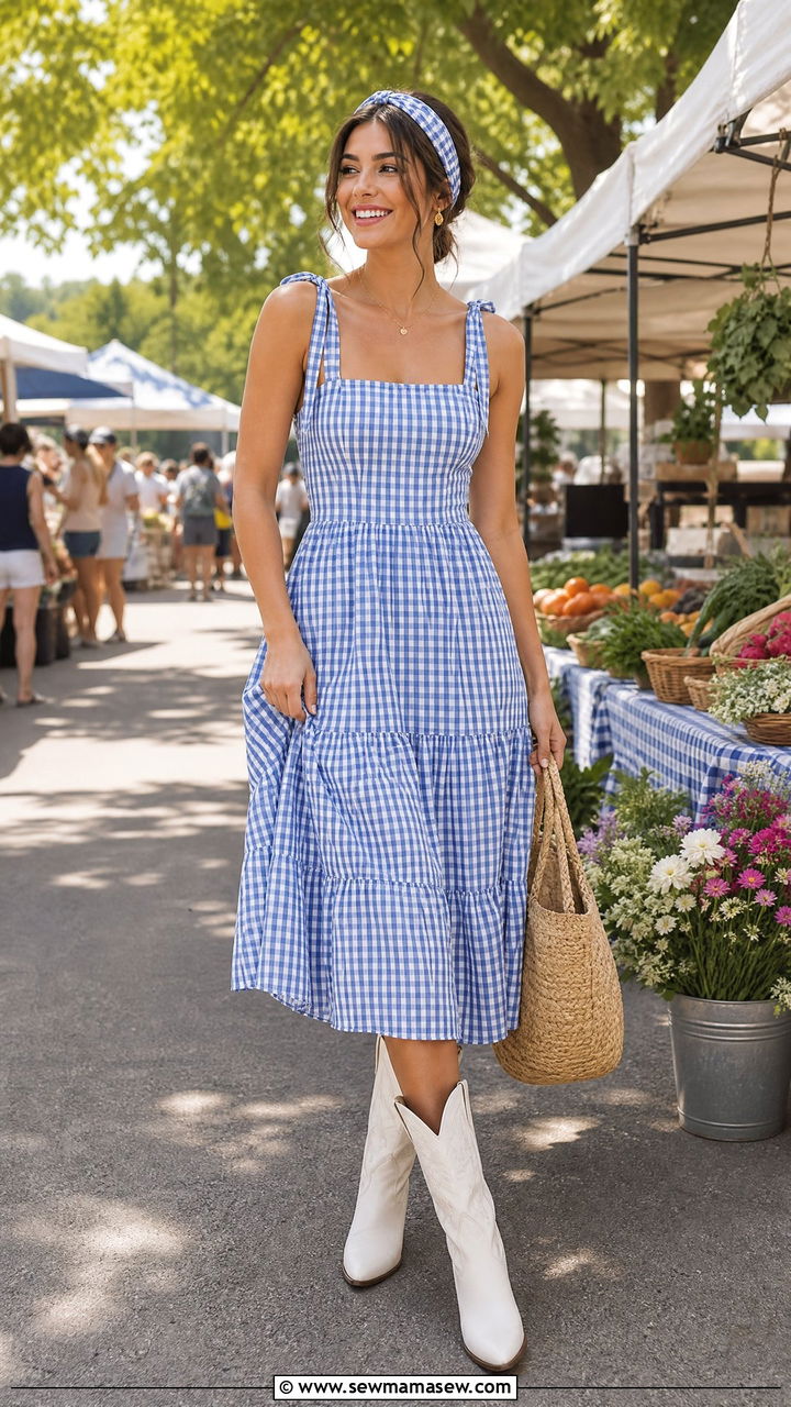Gingham Dress With Cowboy Boots - 30 Summer outfits with cowboy boots