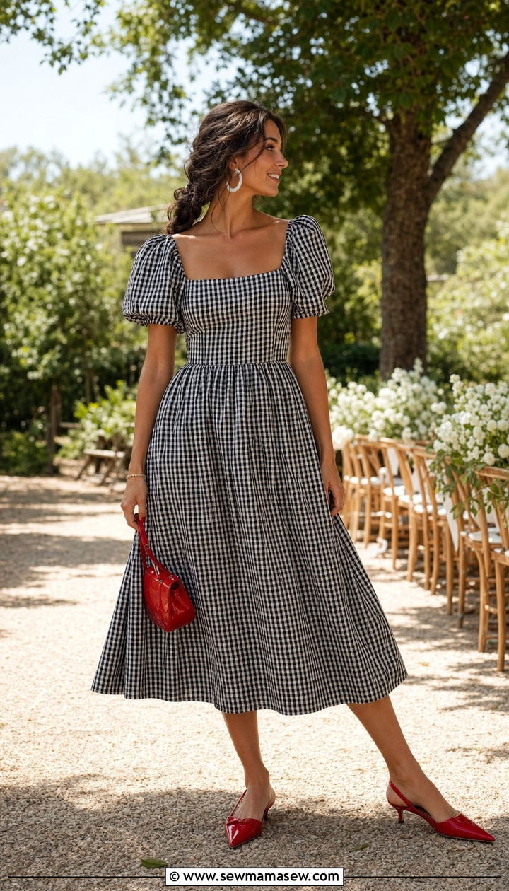 Gingham Dress With Red Kitten Heels Outfit - 25 summer outfits with kitten heels