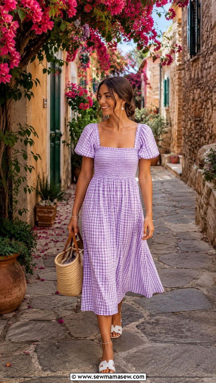 Gingham Dress With Straw Basket Bag - 30 Italian Riviera outfit ideas