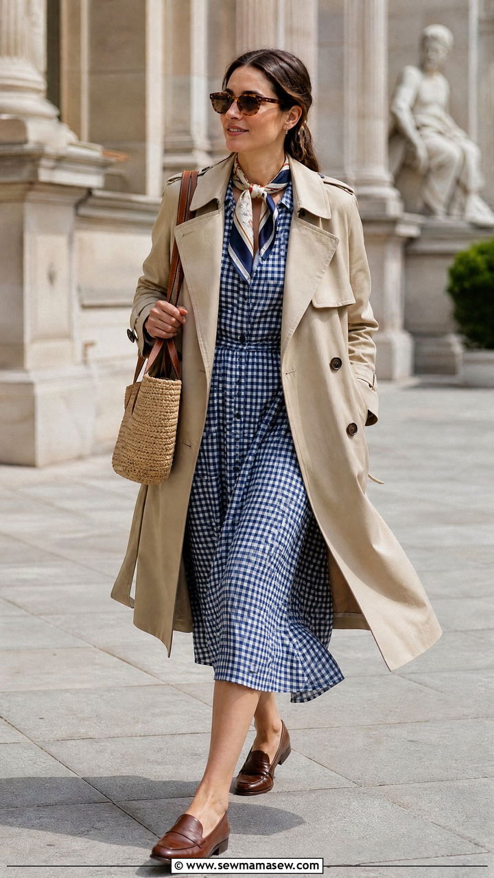 Gingham Dress With Trench Coat And Loafers - 30 Gingham dress outfit ideas