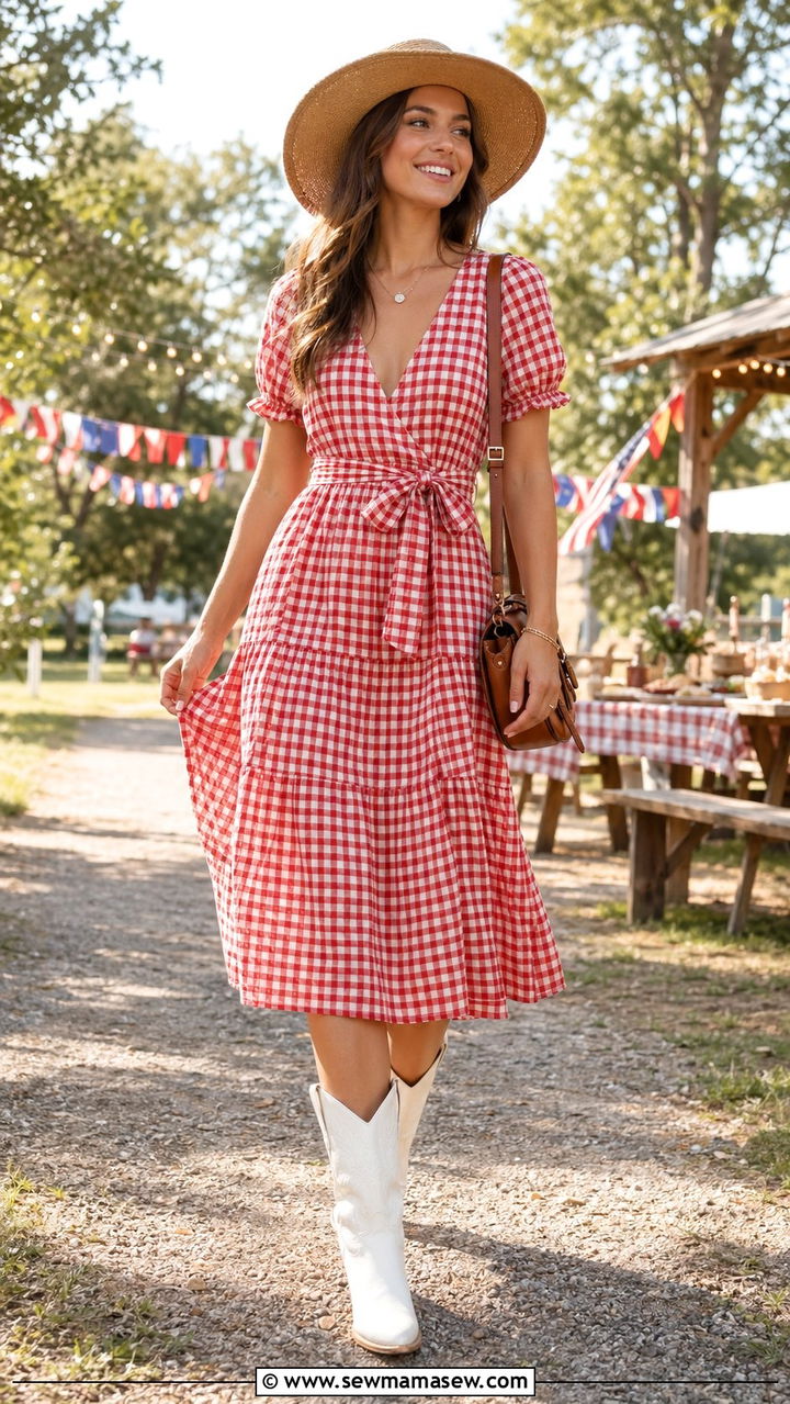 Gingham Dress With White Cowboy Boots - 35 4th of July outfits