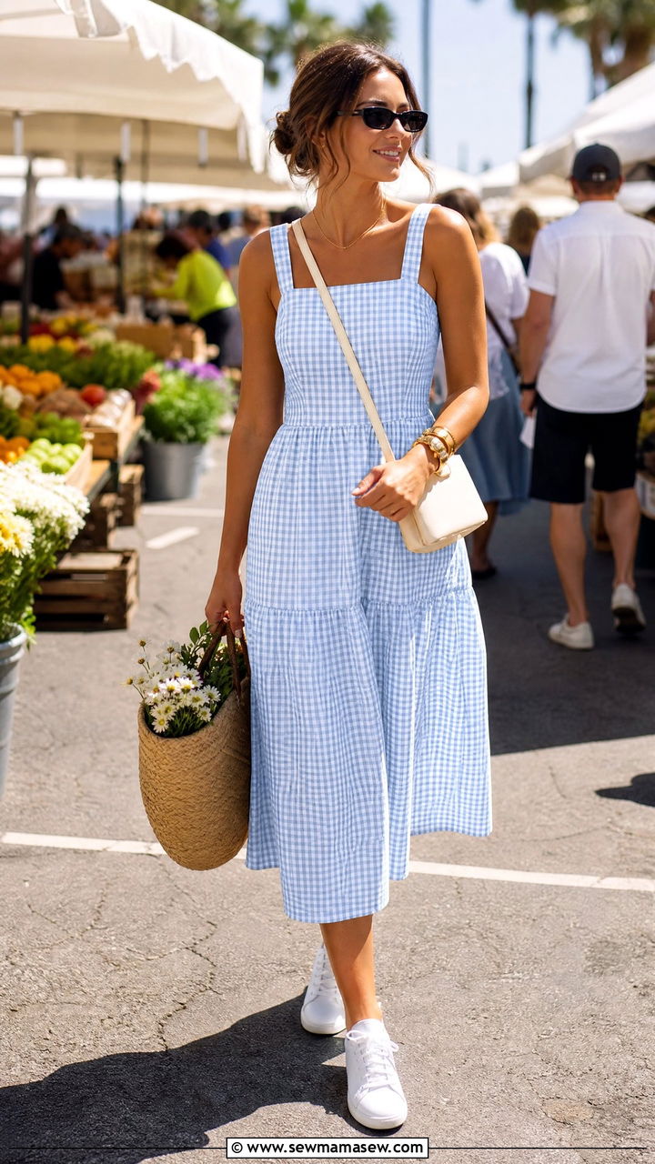 Gingham Dress With White Sneakers And Crossbody Bag - 30 Summer outfits with crossbody bags