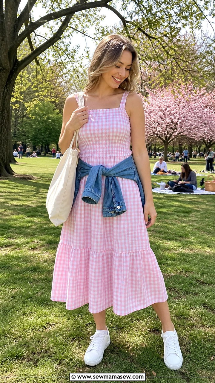 Gingham Dress With White Trainers - 40 Spring outfits for women over 40