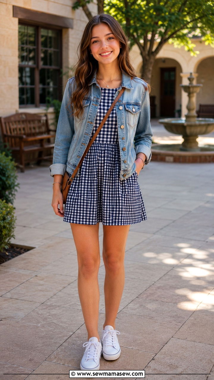 Gingham Dress and Denim Jacket Combo - 20 Private school outfit ideas teens