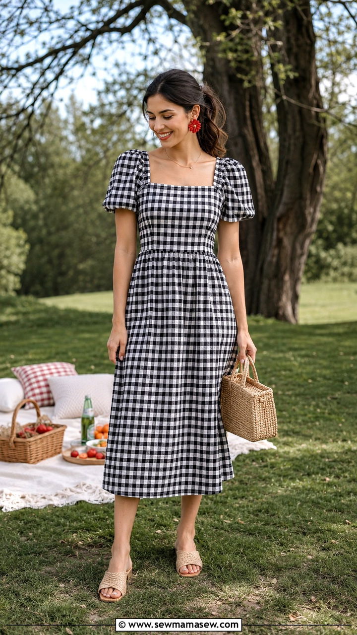 Gingham Dress and Straw Accessories - 20 Spring outfits with statement earrings