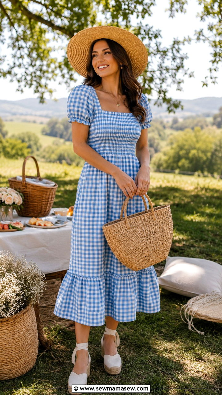Gingham Dress and Straw Hat Outfit - 30 spring outfit ideas aesthetic