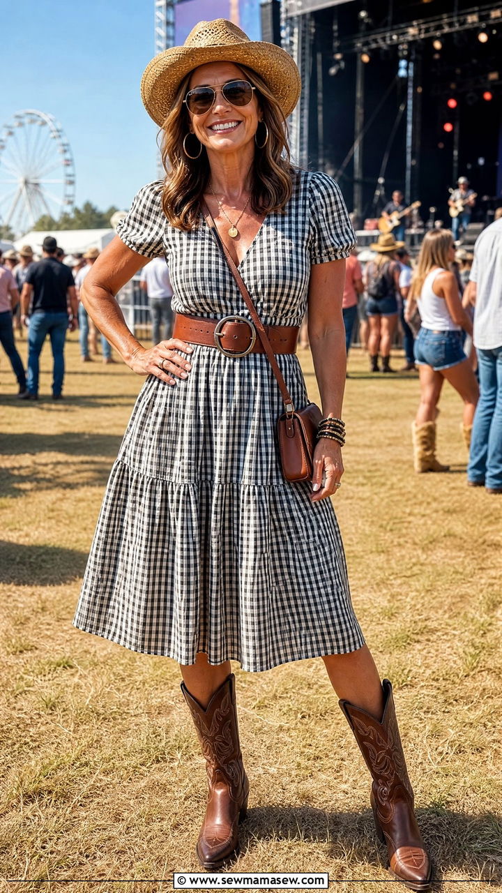 Gingham Dress with Cowboy Boots - 30 Country concert outfit ideas for women over 40