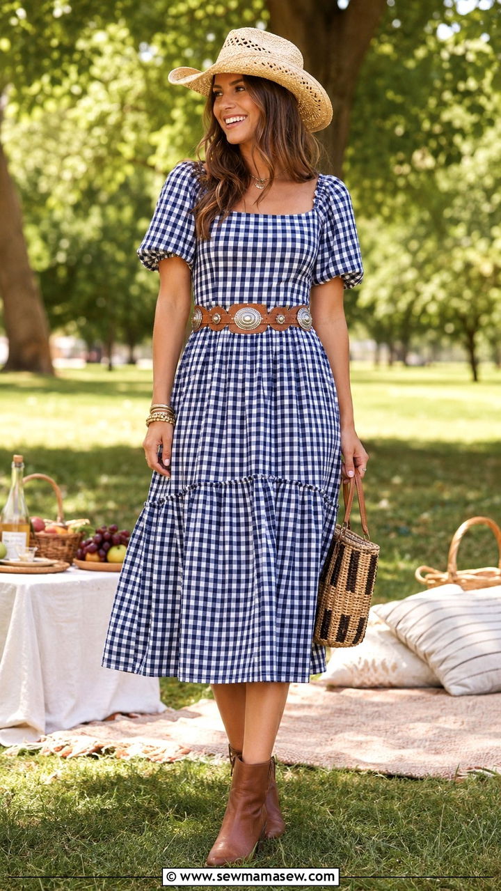 Gingham Dress with Western Hat and Concho Belt - 20 Western outfit ideas with concho belt