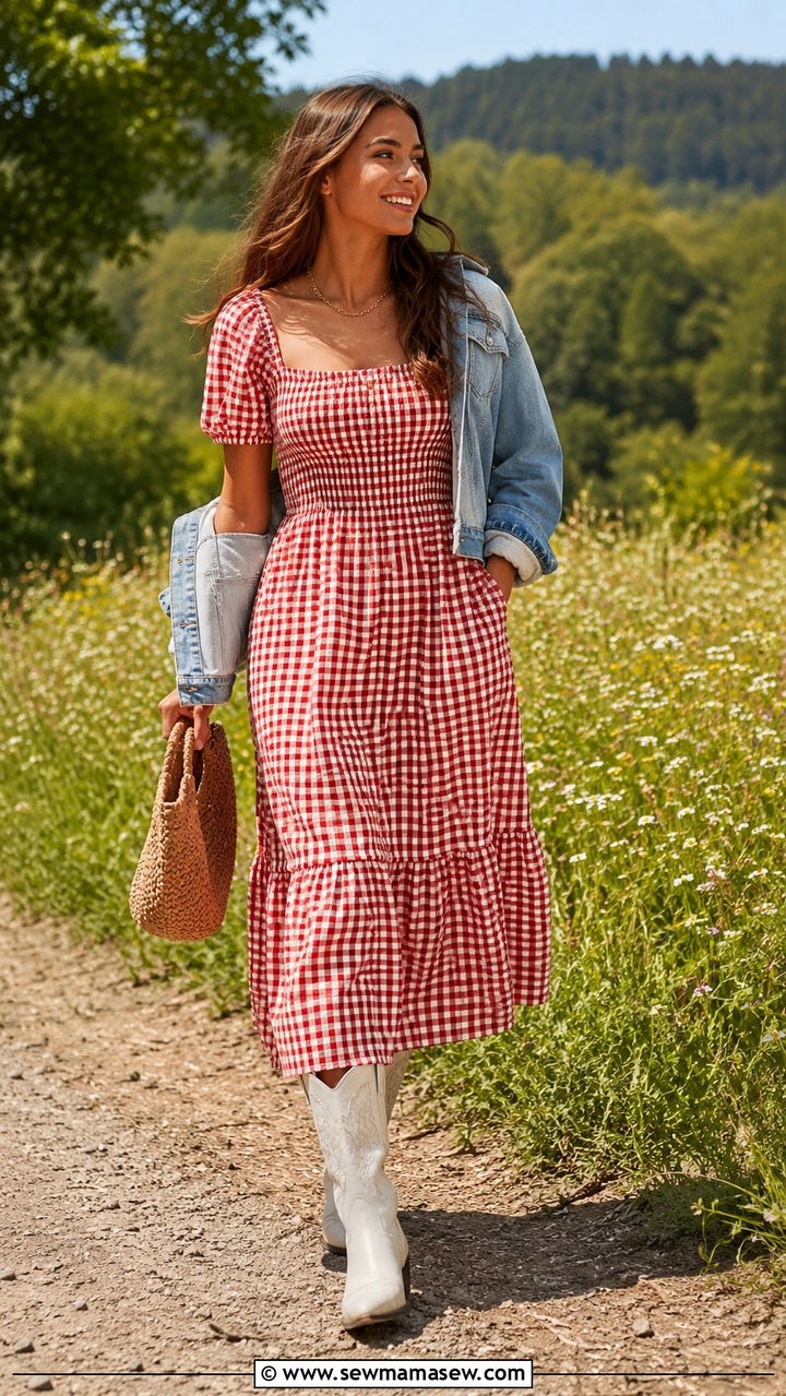 Gingham Dress with White Cowboy Boots - 30 Luke Combs concert outfit ideas