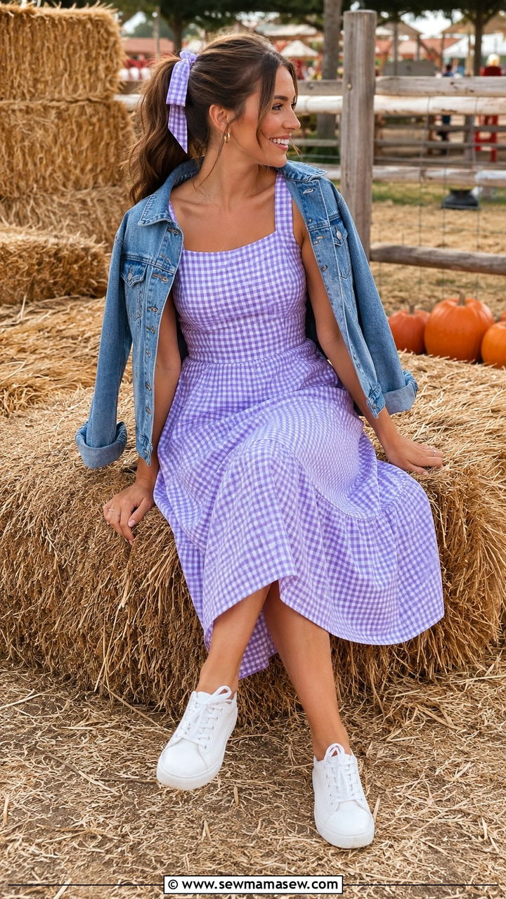 Gingham Dress with White Sneakers and Denim Jacket - 30 State fair outfit ideas