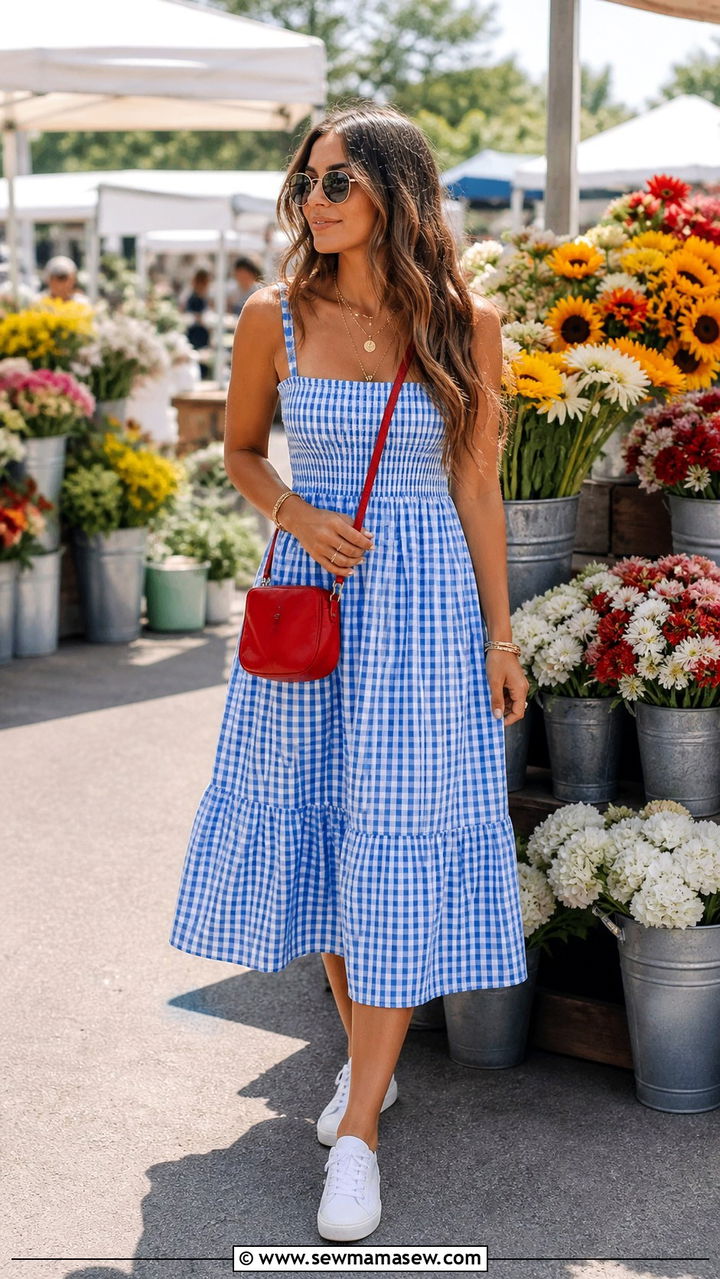 Gingham Dress with White Sneakers - 40 Memorial Day outfit ideas