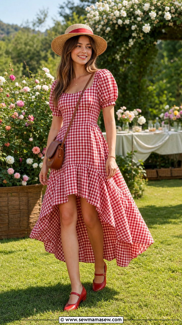Gingham High Low Dress With Red Mary Janes - 25 Summer outfits with mary janes