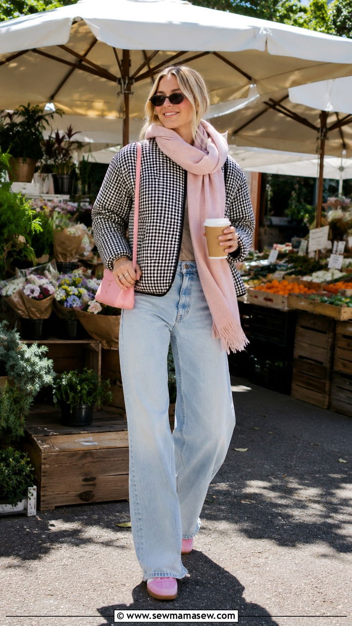 Gingham Jacket With Light Wash Jeans And Pink Accents - 30 transitional everyday outfits for women