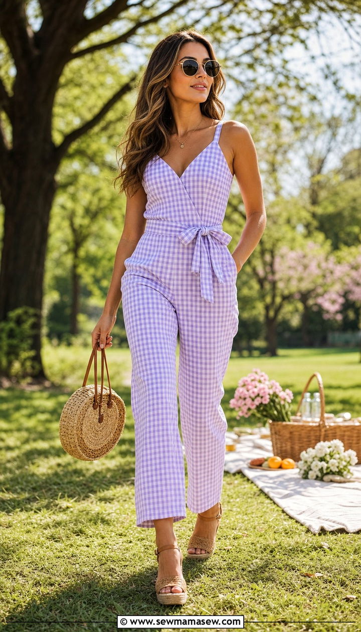 Gingham Jumpsuit With Woven Wedges - 25 spring jazz age outfit ideas