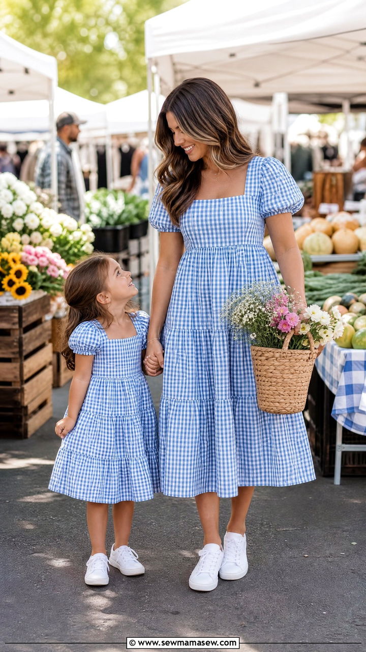 Gingham Matching Dresses With White Sneakers - 30 Summer mother daughter outfits