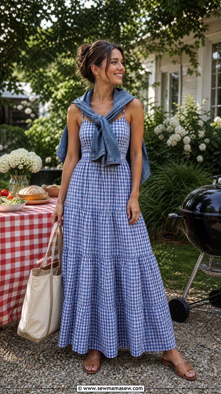 Gingham Maxi Dress Outdoor BBQ Outfit - 30 summer maxi dress outfit ideas