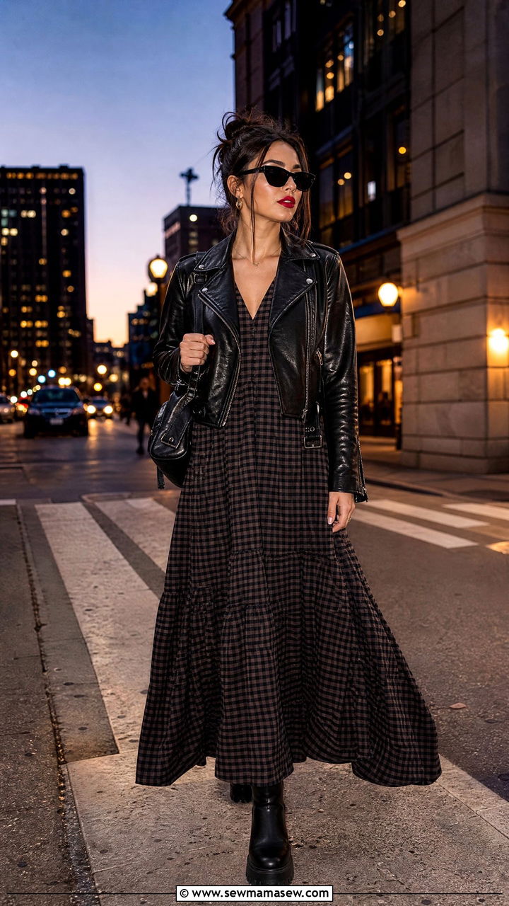 Gingham Maxi Dress With Leather Jacket And Chunky Boots - 30 Gingham dress outfit ideas