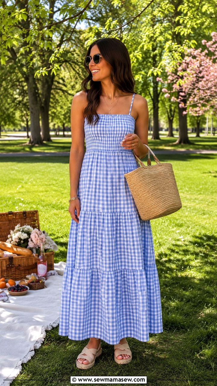 Gingham Maxi Dress with a Straw Tote - 30 spring maxi dress outfit ideas