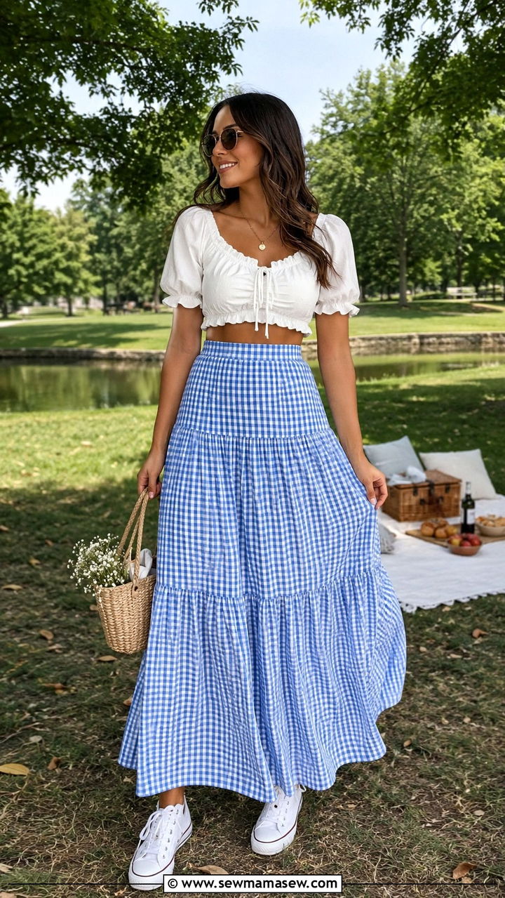Gingham Maxi Skirt With Puff Sleeve Crop Top - 30 Maxi skirt outfit ideas for summer