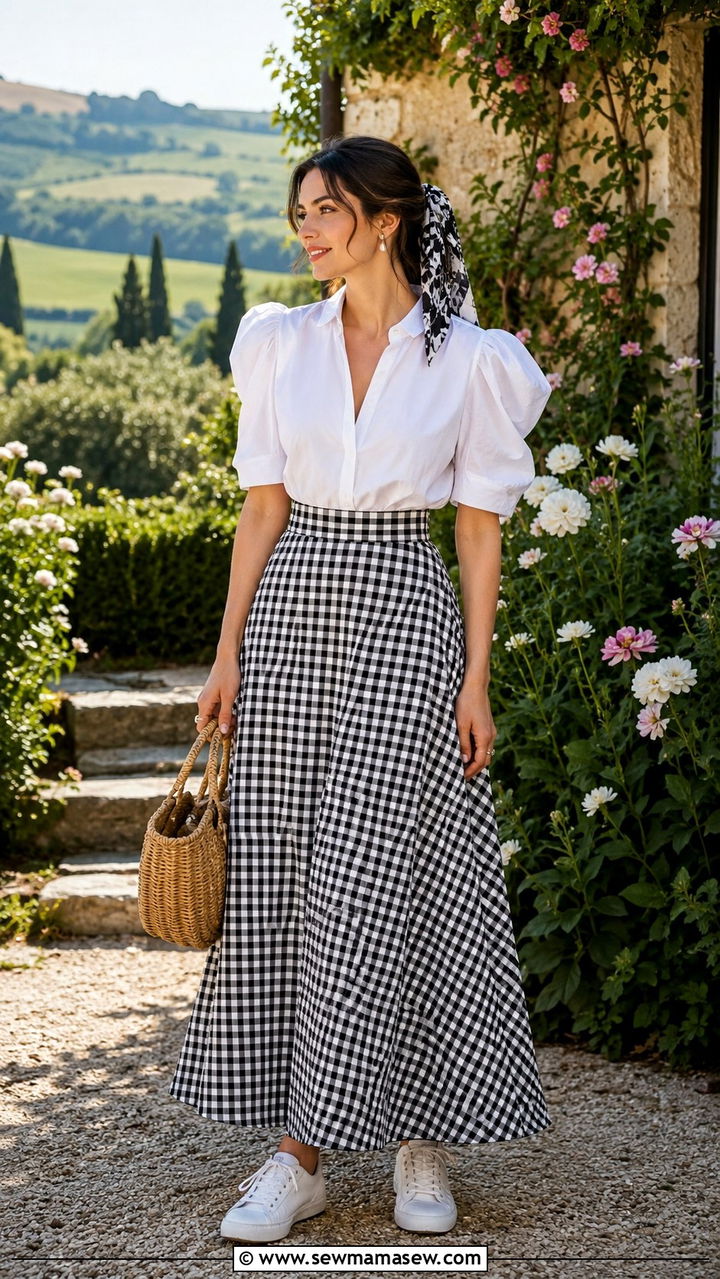 Gingham Maxi Skirt With White Blouse and Canvas Sneakers - 30 Maxi skirt outfit ideas with sneakers