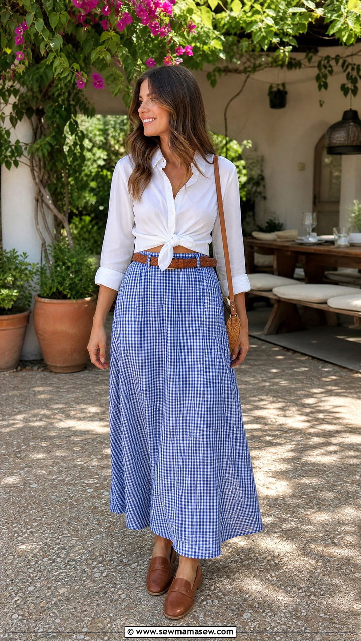 Gingham Maxi Skirt With White Button Down And Loafers - 35 maxi skirt outfits aesthetic