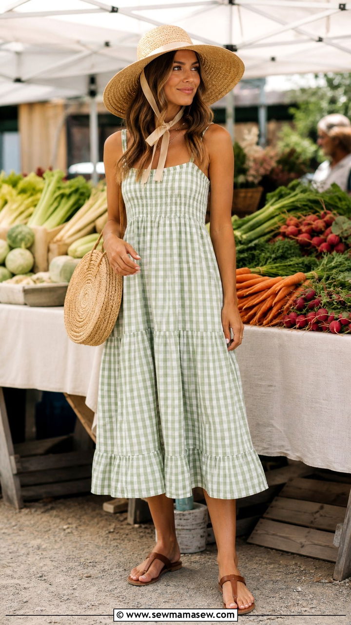Gingham Midi Dress And Straw Hat Farmers Market Outfit - 40 Spring farmers market outfits