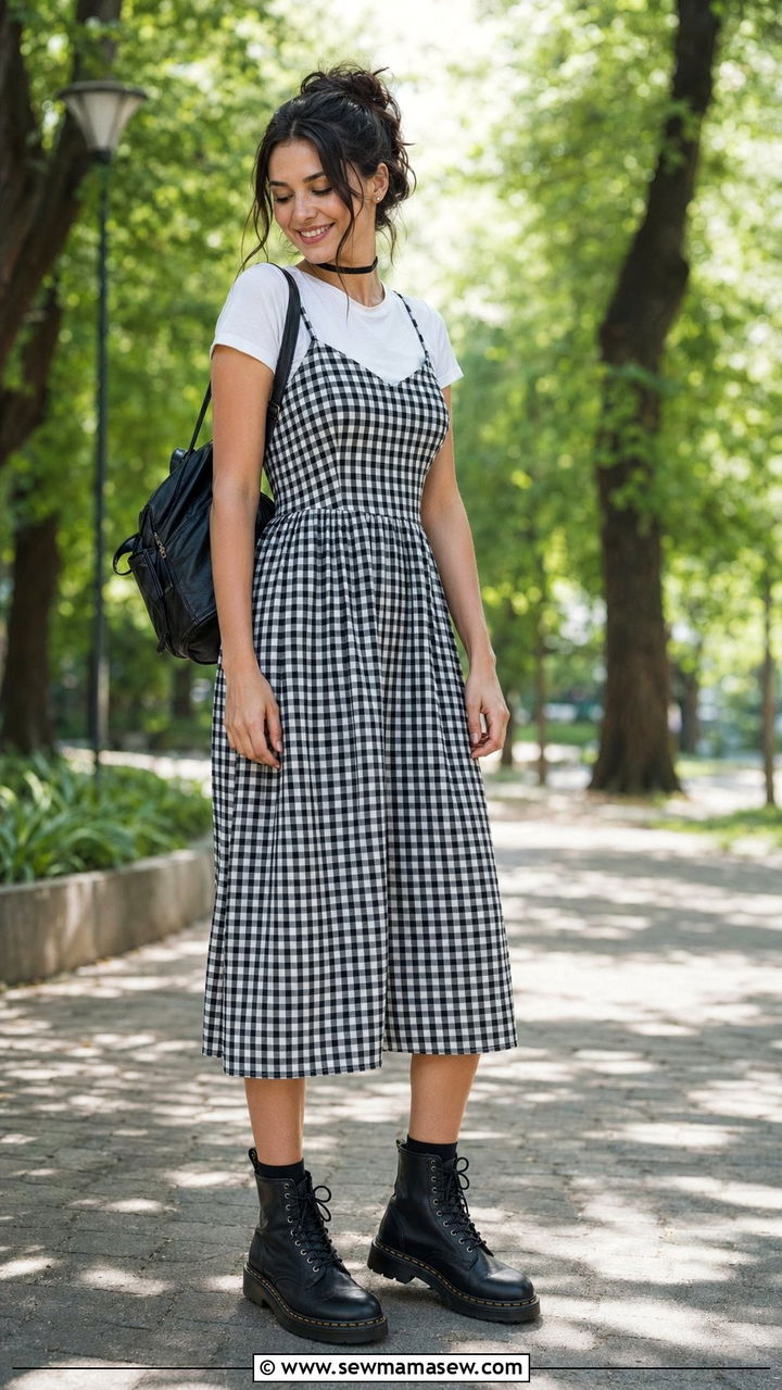 Gingham Midi Dress Layered Over a White Tee and Doc Martens - 35 90s capsule wardrobe outfits