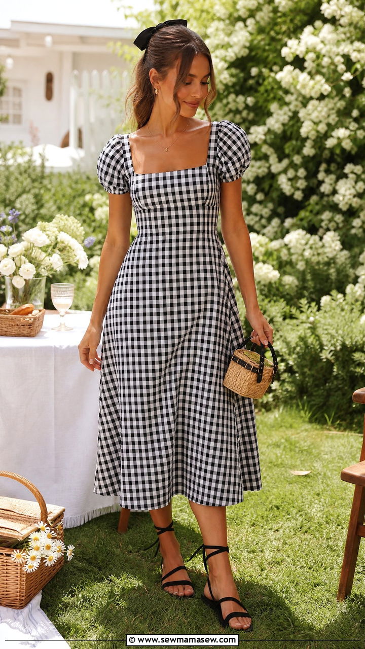 Gingham Midi Dress With Ankle Tie Sandals - 30 summer midi dress outfit ideas